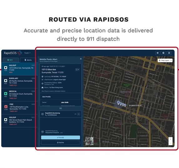 Routed via RapidSOS: incident location delivered directly to the 911 dispatch dashboard