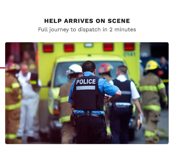 Help Arrives on Scene: police and fire responders arriving on scene, full journey to dispatch in two minutes